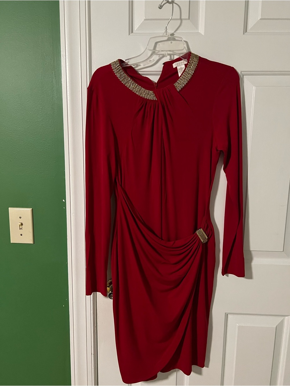 Cache Garnet Red Long Sleeve Dress with Jeweled Accents